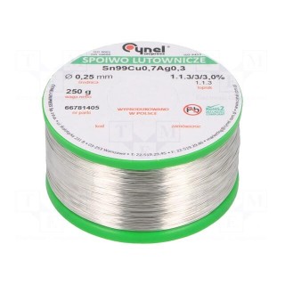 Soldering wire | Sn99Ag0,3Cu0,7 | 250um | 250g | lead free | reel | 3%