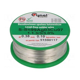 Soldering wire | Sn99Ag0,3Cu0,7 | 380um | 100g | lead free | reel | 3%