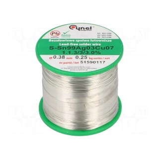 Soldering wire | Sn99Ag0,3Cu0,7 | 380um | 250g | lead free | reel | 3%