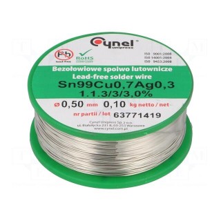 Soldering wire | Sn99Ag0,3Cu0,7 | 500um | 100g | lead free | 216÷227°C