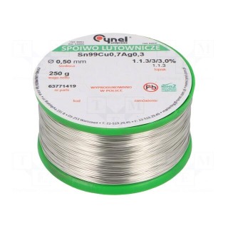 Soldering wire | Sn99Ag0,3Cu0,7 | 500um | 250g | lead free | reel | 3%