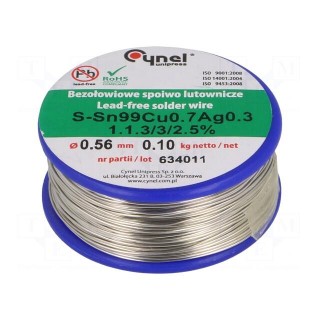 Soldering wire | Sn99Ag0,3Cu0,7 | 560um | 100g | lead free | 216÷227°C