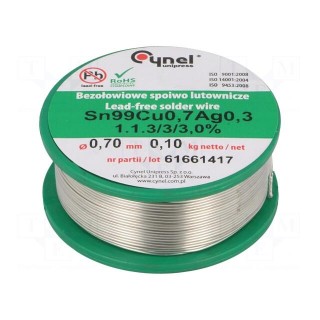 Soldering wire | Sn99Ag0,3Cu0,7 | 700um | 100g | lead free | reel | 3%