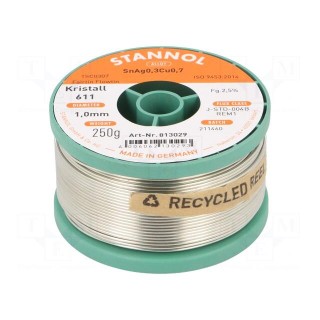 Soldering wire | Sn99Cu0,7Ag0,3 | 1mm | 250g | lead free | reel | 2.5%