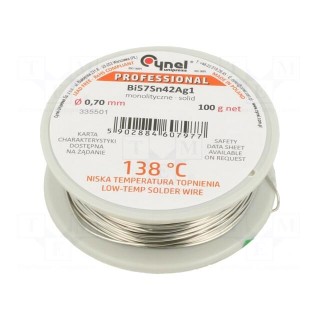 Solid,soldering wire | Bi57Sn42Ag1 | 0.7mm | 100g | lead free | reel