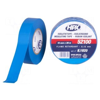 Tape: electrical insulating | W: 19mm | L: 20m | Thk: 0.15mm | blue | 125%