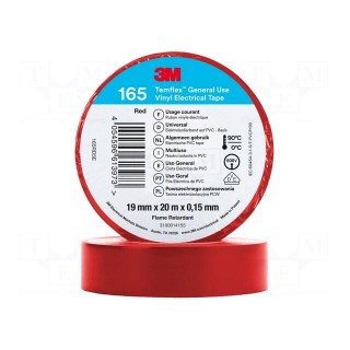 Tape: electrical insulating | W: 19mm | L: 20m | Thk: 0.15mm | red | 200%