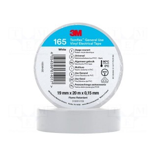 Tape: electrical insulating | W: 19mm | L: 20m | Thk: 0.15mm | white