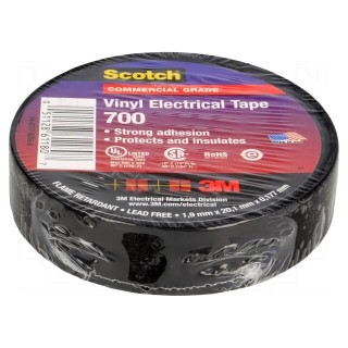 Tape: electrical insulating | W: 19mm | L: 20m | Thk: 0.177mm | black