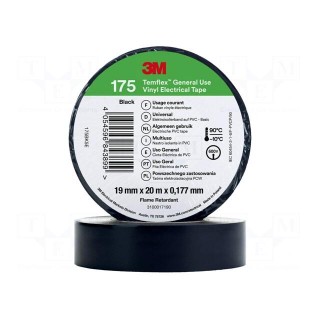 Tape: electrical insulating | W: 19mm | L: 20m | Thk: 0.178mm | black