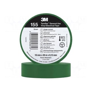 Tape: electrical insulating | W: 19mm | L: 20m | Thk: 0.127mm | green