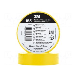 Tape: electrical insulating | W: 19mm | L: 20m | Thk: 0.127mm | yellow