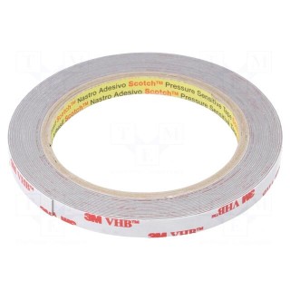 Tape: fixing | W: 9mm | L: 5.5m | Thk: 0.6mm | acrylic | grey