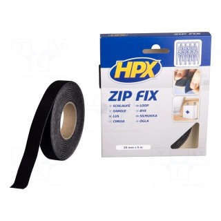 Tape: velcro | W: 20mm | L: 5m | Thk: 2.1mm | synthetic rubber | black