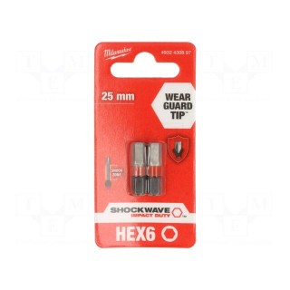 Screwdriver bit | hex key | HEX 6mm | Overall len: 25mm | 2pcs.