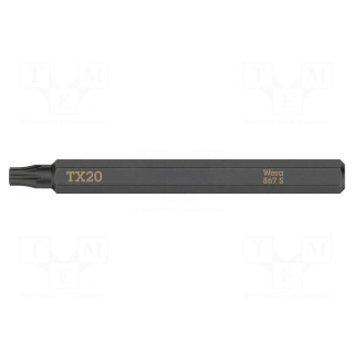 Screwdriver bit | Torx® | TX20 | Overall len: 70mm | Mounting: 1/4"