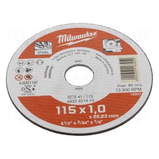 Cutting wheel | Ø: 115mm | Øhole: 22.2mm | Disc thick: 1mm | steel