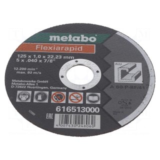 Cutting wheel | Ø: 125mm | Øhole: 22.23mm | Disc thick: 1mm | aluminium