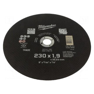 Cutting wheel | Ø: 230mm | Øhole: 22.2mm | Disc thick: 1.9mm | steel