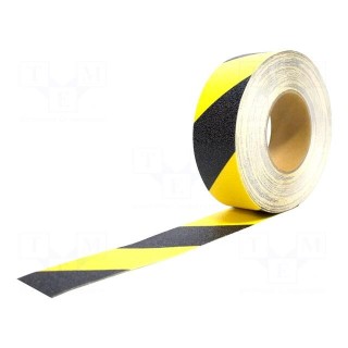Tape: warning | yellow-black | L: 18.3m | W: 50mm | Thk: 1.05mm | Gripfoot