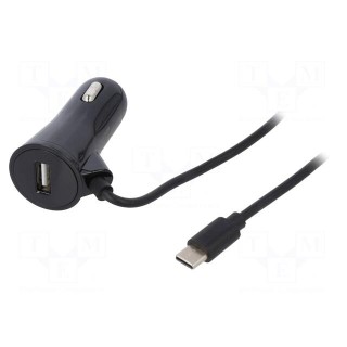 Car holder | black | for windscreen | USB A,USB C | 15W | Iin: 2A | 1.2m