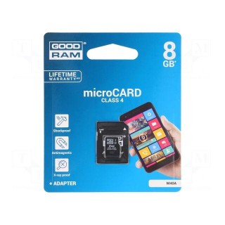Memory card | SD HC Micro | 8GB | Read: 15MB/s | Write: 4MB/s | Class 4