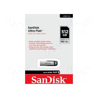 Pendrive | USB 3.0 | 512GB | R: 150MB/s | USB A | ULTRA FLAIR | black