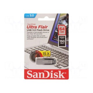Pendrive | USB 3.0 | 64GB | R: 150MB/s | USB A | ULTRA FLAIR | black