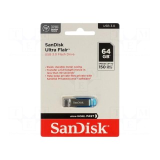 Pendrive | USB 3.0 | 64GB | R: 150MB/s | USB A | ULTRA FLAIR | blue
