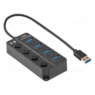 Hub USB | USB 3.0 | with switch | black | Number of ports: 4 | 0.3m