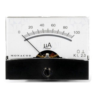 Ammeter | on panel | I DC: 0÷100uA | Class: 2 | Int.resist: 1kΩ | Ø37.5mm