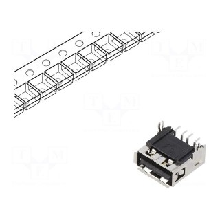 Socket | USB A | 2.0 | SMT | on PCBs | gold-plated | horizontal | black