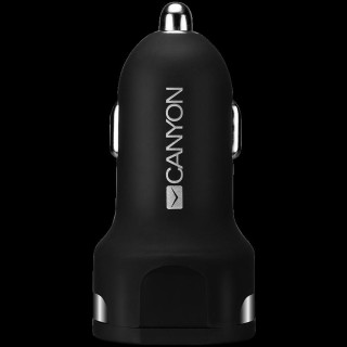 CANYON C-04, Universal 2xUSB car adapter, Input 12V-24V, Output 5V-2.4A, with Smart IC, black rubber coating with silver electroplated ring, 59.5*28.7*28.7mm, 0.019kg