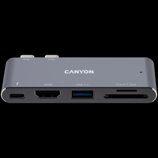 Canyon Multiport Docking Station with 5 port, with Thunderbolt 3 Dual type C male port, 1*Thunderbolt 3 female+1*HDMI+1*USB3.0+1*SD+1*TF. Input 100-240V, Output USB-C PD100W&USB-A 5V/1A, Aluminium alloy, Space gray, 90*41*11mm, 0.04kg