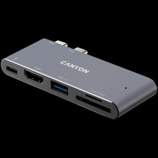 Canyon Multiport Docking Station with 5 port, with Thunderbolt 3 Dual type C male port, 1*Thunderbolt 3 female+1*HDMI+1*USB3.0+1*SD+1*TF. Input 100-240V, Output USB-C PD100W&USB-A 5V/1A, Aluminium alloy, Space gray, 90*41*11mm, 0.04kg
