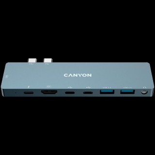 Canyon Multiport Docking Station with 8 port, 1*Type C PD100W+2*Type C data+2*HDMI+2*USB3.0+1*Audio. Input 100-240V, Output USB-C PD100W&USB-A 5V/1A, Aluminium alloy, Space gray, 135*48*10mm, 0.056kg