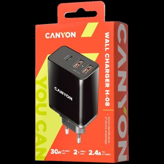 CANYON H-08, Universal 3xUSB AC charger (in wall) with over-voltage protection(1 USB-C with PD Quick Charger), Input 100V-240V, Output USB-A/5V-2.4A+USB-C/PD30W, with Smart IC, Black Glossy Color+orange plastic part of USB, 96.8*52.48*28.5mm, 0.092kg