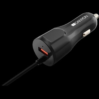 CANYON C-033 Universal 1xUSB car adapter, plus Lightning connector, Input 12V-24V, Output 5V/2.4A(Max), with Smart IC, black glossy, cable length 1.2m, 77*30*30mm, 0.041kg, Russian