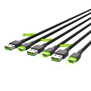 Set 3x Green Cell Cable GC Ray USB-C 200cm Cable with green LED backlight, fast charging Ultra Charge, QC 3.0