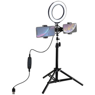 LED Ring Lamp 16cm With Desktop Tripod Mount Up to 70cm And Dual Phone Bracket, USB