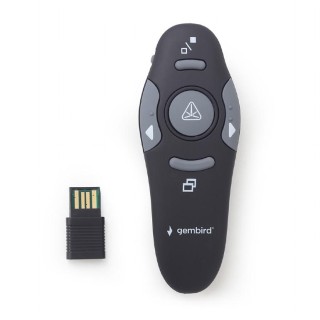 Gembird | Wireless presenter with laser pointer | WP-L-01 | Black | Depth 25 mm | Height 105 mm | Red laser pointer. 4 buttons to control most used PowerPoint presentation functions. Interface: USB. Presenter control distance: up to 10 m. |