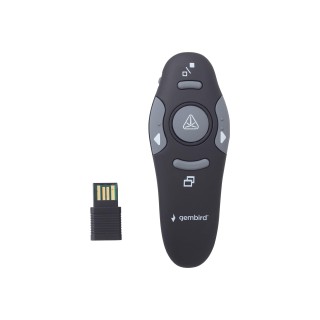 Gembird | Wireless presenter with laser pointer | WP-L-01 | Black | Depth 25 mm | Height 105 mm | Red laser pointer. 4 buttons to control most used PowerPoint presentation functions. Interface: USB. Presenter control distance: up to 10 m. |