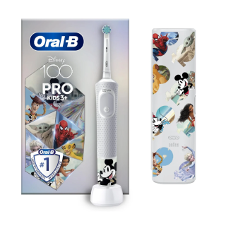 Oral-B | Electric Toothbrush with Travel Case | Vitality PRO Kids Disney 100 | Rechargeable | For kids | Number of brush heads included 1 | Number of teeth brushing modes 2 | White