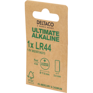 LR44 button cell battery DELTACO Ultimate Alkaline, 1,5 V, 1-pack / ULT-LR44-1P