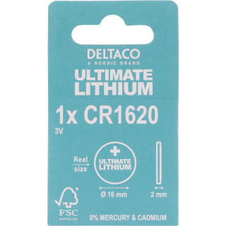 Ultimate Lithium batterie DELTACO 3V, CR1620 button cell, 1-pack / ULT-CR1620-1P