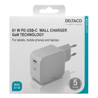 DELTACO USB-C wall charger 61 W with PD and GaN technology, white USBC-GAN02