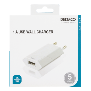 DELTACO USB wall charger, 1x USB-A, 1 A, 5 W, white / USB-AC173