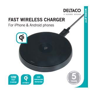 DELTACO Wireless Fast-charger for iPhone and Android, 10W, QI Certified, black / QI-1028