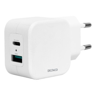 Dual USB wall charger DELTACO USB-A & USB-C Power Delivery 20 W, white / USBC-AC149