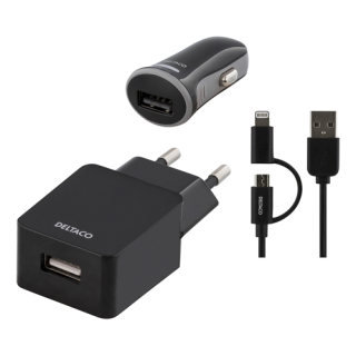 Phone charger DELTACO 240V, 1A & 10-18V auto, 0,45A, lightning, micro, black / USB-ACDC